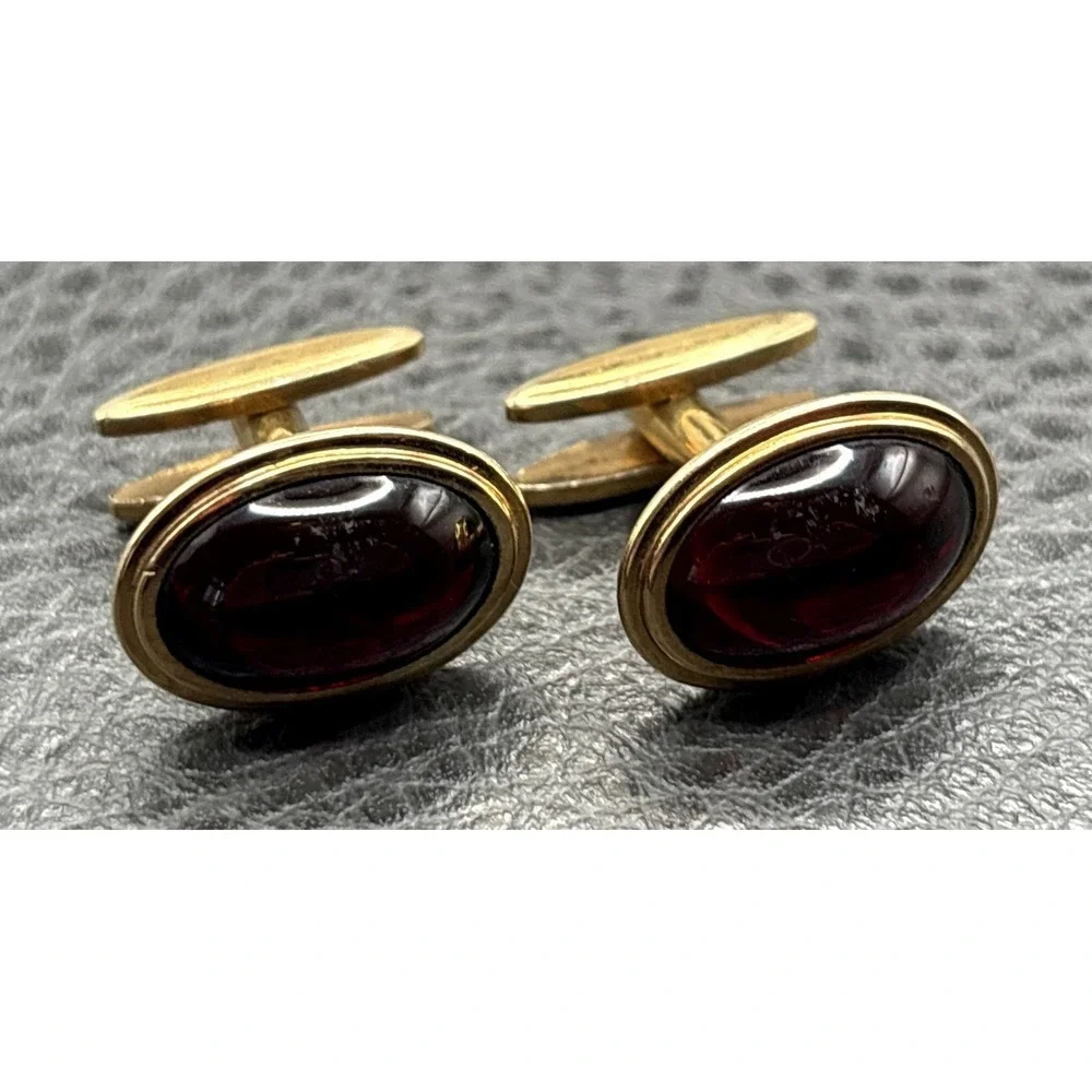 Vintage Simmons Deep Red Cabochon Glass Oval Cufflinks Gold Tone